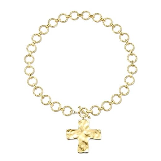 TEN MIRO 18k Gold Chunky Cross Necklace for Women Non Tarnish Cross Choker Necklaces Hammered Bold Statement Necklace Stacks Chunky Gold Chain Stacked Link Chain Necklaces