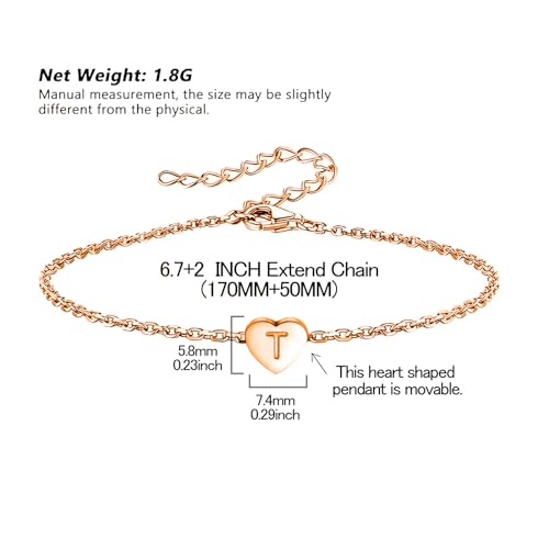 KunBead Mini Size Rose Gold Initial A-Z Letter Bracelet Love Heart Charm Stainless Steel Birthday Adjustable Alphabet Bracelet for Women3