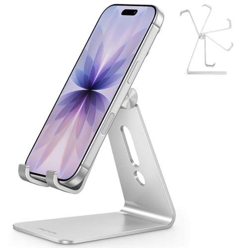 Adjustable Cell Phone Stand, OMOTON Aluminum Desktop Cellphone Stand with Anti-Slip Base and Convenient Charging Port, Fits All Smart Phones, Silver