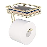 mDesign Wall Mount Toilet Tissue Paper Roll Holder and Dispenser with Storage Shelf for Bathroom Storage - Wall Mount, Holds and Dispenses One Roll - Durable Metal in Soft Brass