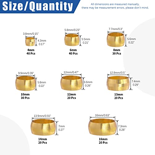 Glarks 220Pcs Brass Compression Sleeves Ferrules, Tube Od 4Mm 6Mm 8Mm 10Mm 12Mm 13Mm 14Mm 16Mm Brass Compression Fitting Assortment Kit #TOP1