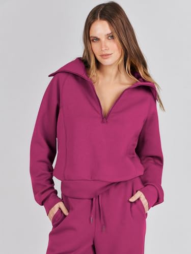 Caracilia Women 2 Piece Outfits Sweatsuit Set 2023 Fall Oversized Half Zip Sweatshirt Wide Leg Sweatpant Lounge Set Tracksuit A1088meihong-L Hot Pink - Thumbnail 6