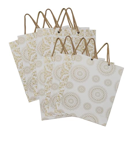 Image of Creative Art White & Gold Paper Gift Bags Medium (Pack of 10) - Durable Kraft Paper, Stylish Look, Eco-Friendly, Reusable Gift Bags for Return Gifts, Birthday Parties, Festivals & Gifting Need