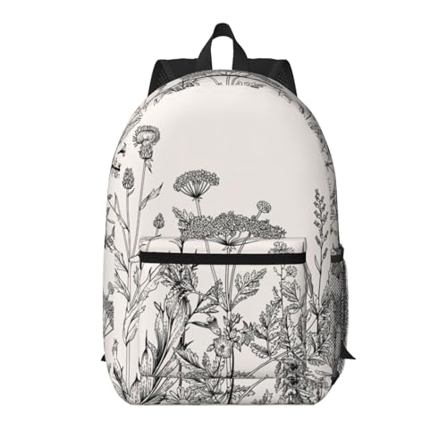 Sac à dos de voyage portable au design botanique raffiné, finitions soignées noir et blanc