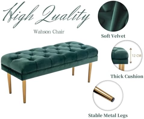 Wahson Velvet Ottoman Bench Seat Upholstered Bed End Stool Dining Bench with Golden Metal Legs, Window Seat Footstools for Entryway, Green