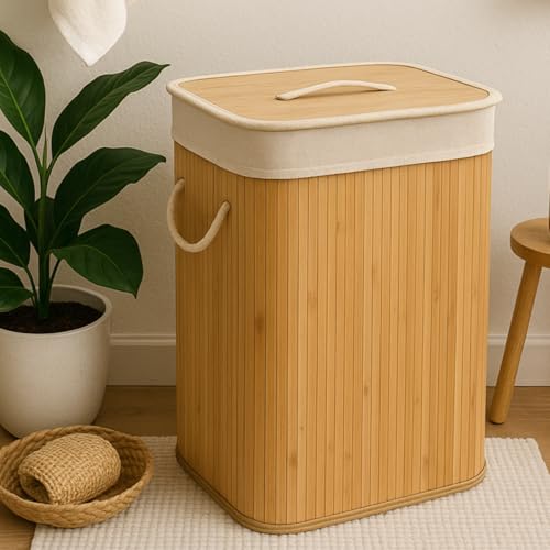 The Better Home Bamboo Basket for Storage(40*30*60cm) Laundry Basket for Clothes With Lid | Home Organizer Items and Storage | Eco Friendly | Compact 