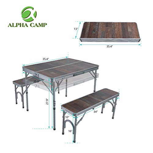 Alpha Camp 3-Piece Folding Camping Table With Bench Set,4Ft Adjustable Aluminum Table,Portable Picnic Table With Double Handle,Outdoor Table For Camp Beach Party, Camping Table With 2 Chairs, 20.1Lbs #TOP2