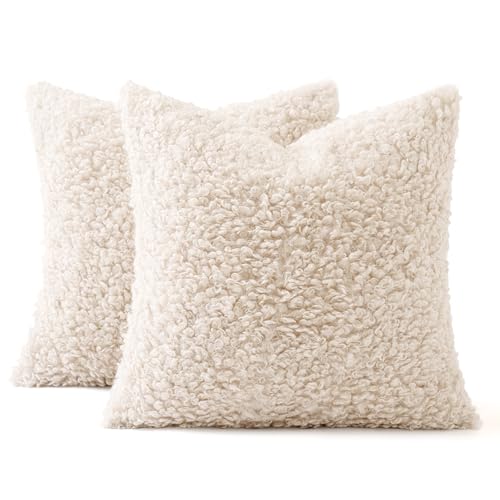 MIULEE クッションカバー 24x24インチ ニュートラルホワイト フェイクファー 装飾シェルパ 枕カバー ふわふわアクセント ソフトシープスキン フリース クッションケース ボーホーホームデコレーション カウチ リビングルーム ベッド用