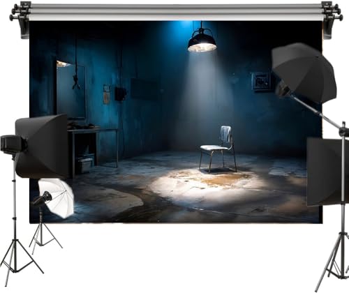 Criminal Interrogation Room Polyester Backdrop 7x5FT – Dark Blue Grunge Prison Style with Chair & Blood, Police Crime Scene for Halloween Party Photography Props