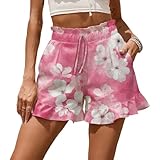 domirica Dressy Pink Comfortable Shorts for Women with Pocket Ruffle Boho Trendy Breathable Loose Shorts for Women High Waisted Drawstring Summer Fashion Street Wear 2025,S