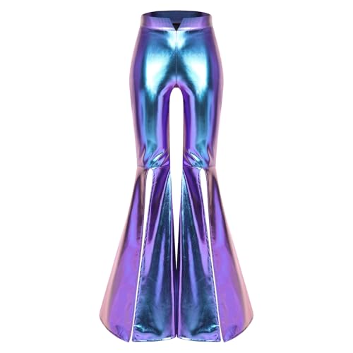 dPois - dPois Women Flare Leg Pants - Shiny Metallic Blue Bell Bottom Trousers for Disco and Streetwear, Small - Best Deal on Amazon