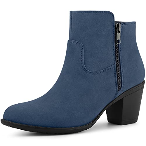 Allegra K Allegra K Women's Round Toe Chunky Heel Zipper Dark Blue Ankle Boots 8 M US