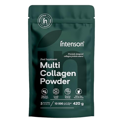 Intenson Polvere Multi Collagene 420 g, 5 Tipi di Collagene (I, II, III, V, X), Supporta Pelle, Capelli, Unghie, Ossa e Articolazioni, Peptidi di Collagen Idrolizzati, Senza Aroma