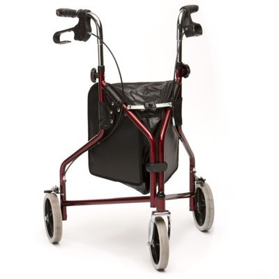 Image of Drive Medical Burgundy Steel Three Wheeled Tri Walker with Brakes & Shopping Bag