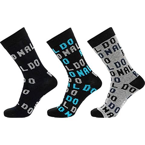 CR7 Boy's Fashion Breathable Cotton Socks Pack of 3, Black Print/Grey Print, 30-34 Cover