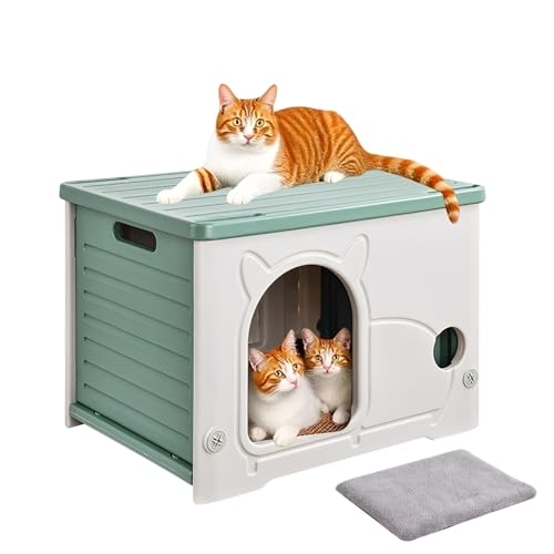 屋外対応オールシーズン対応キャットハウス【防雨・日よけ付き】ドッグハウス・キャットシェルター。コンパクトな半密閉型デザイン、ローズカラーのプラスチック製ペットハウスは、野良猫や子犬に最適です。耐候性、コンパクト性、防風性、断熱性を備えています。屋外用キャッ