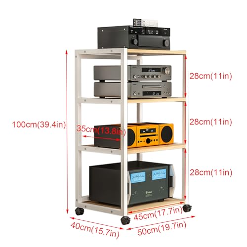 4-Tier Movable Media Stand Audio Video Rack DVD Players Stand Open Storage Stereo Component Cabinet with Wooden Shelf for Home/Office/Theater(Color:White)