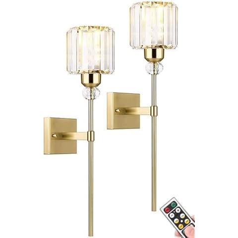 Modern Gold Wall Sconces Lighting Battery Operated Set of 2,No Wiring Rechargeable Wall Lights Fixture with Wireless Remote,Clear Glass Long Wall Lamp for Bedroom Bathroom Living Room Vanity Light Cover