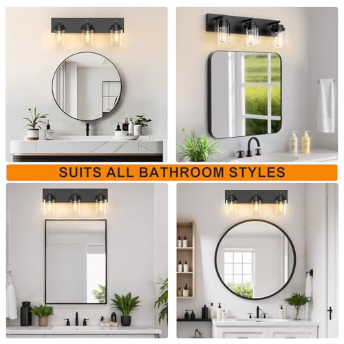 IZORRO Bathroom Vanity Light Fixture, 3-Light 22 Inch Matte Black Bathroom Light Fixtures Over Mirror, with Clear Glass Shade, Modern Farmhouse Vanity Lights, Rustic Restroom Lighting Fixtures by IZORRO - Used condition - Image 9