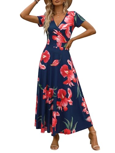 Image of HUHOT Women's Short Sleeve Wrap V Neck Dresses for Wedding Guest Summer Floral Maxi Sundresses with Pockets Boho Dress