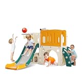 hoopyosms Toboggan pour Tout-Petits avec Échelle d'escalade, Panier de Basket et Tunnel, Ensemble de Toboggan en Plastique pour Enfants, Jouets d'aire de Jeux Montessori, Vert
