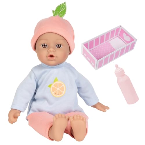 ADORA 11" Soft Cuddly Grapefruit Baby Doll with Bottle, Beanie and Blue Top