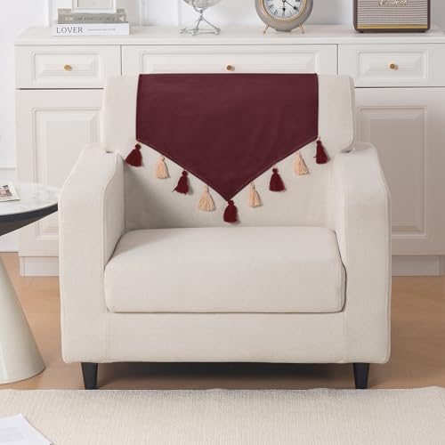 Image of HOKIPO Premium Holland Velvet Sofa Backrest Cover with Tassels - 'TasselTone Series', Wine Red (IN-1103-MRN)