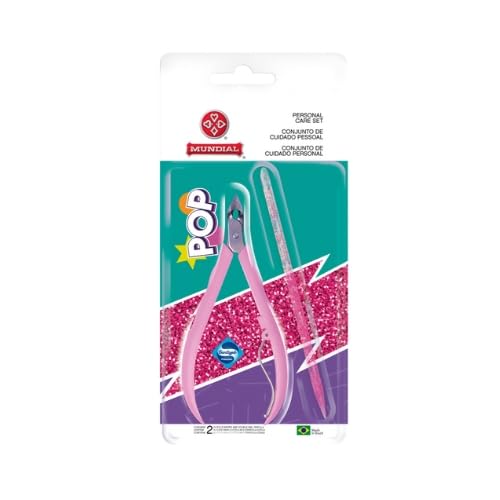 Mundial POP 751 Kit de Manucure, Pince à Ongles Rose avec Poignées Ergonomiques, Double Bâton Acrylique Pailleté