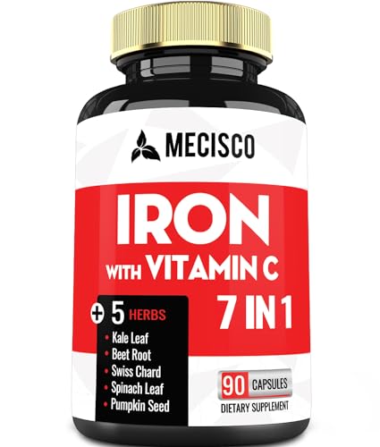 Iron and Vitamin C Supplement - 7in1 Concentrated with Beet Root, Spinach, Kale, Swiss Chard & Pumpkin - 90 Capsules for 45-Day Supply
