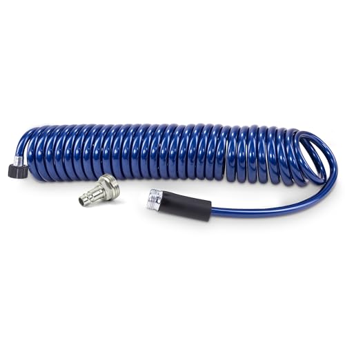Image of SpringHose RV Premium Polyurethane Drinking Water Safe Coil Hose with Male Adapter Plug - Lightweight Recoil Garden Hose Retractable Blue Coil Garden Hose 3 /8 in by 25-Foot Made in Canada | Blue, Coiled RV Water Hose, Drinking Water Safe, Premium Polyurethane, Lightweight, Male Adapter, Made in Canada