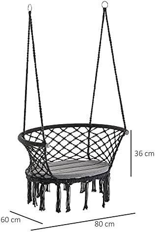 Outsunny Hanging Hammock Chair Cotton Rope Porch Swing with Metal Frame and Cushion, Large Macrame Seat for Patio, Garden, Bedroom, Living Room, Dark Grey