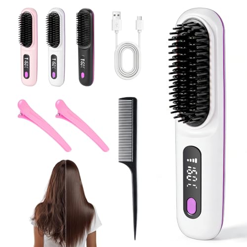 Brosse Lissante sans fil,Mini Portable électrique Anti-BrûLure Brosse Chauffante avec Affichage LCD Rrechargeable, pour Tous Les Types de Cheveux,Quotidien et en Voyage (Blanc)