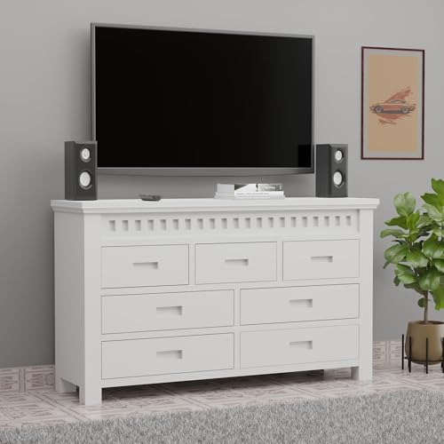 Solid Sheesham Wood Deco White 7 Drawers Cabinet, Storage Organizer Sideboard, Kitchen Chest, Cupboard Furniture for Bedroom, Living Room, Home & Office