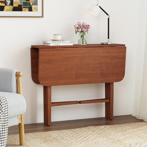 COSTWAY Folding Dining Table for 4, Extendable Drop Leaf Kitchen Table with Rubber Wood Legs & X-shaped Frame, Space Saving Console Dinner Table Furniture for Home Dining Room Office (Walnut) - Image 9