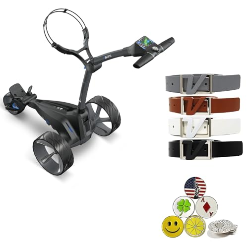 AMBA7 Motocaddy New M5 GPS DHC Electric Caddy Cart Bundle with Holders for Umbrella/Scorecard/Drink, Device Cradle, Volvik Leather Belts, 5 Ball Markers, & 1 Magnetic Hat Clip