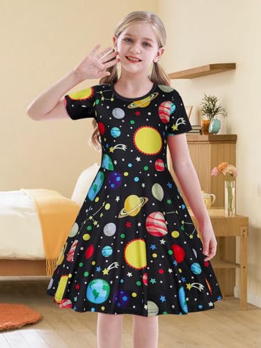 WonderBabe Girls Dresses Toddler Dinosaur Summer Sundress Kids Short Sleeve School Casual A Line Twirly Skater Dresses2