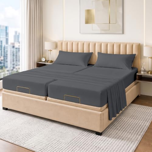 Kotton Culture Bed Sheets 5 Piece 100% Egyptian Cotton 600 Thread Count Soft Crisp Cooling Cotton Luxury Hotel Sheets Thick with 16" Inch Deep Pocket Snug Fit Sateen Weave(Dark Grey,Split King)