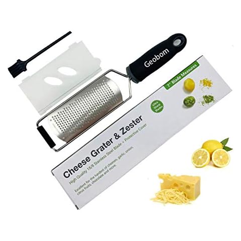 Geobom Cheese Grater&PRO Citrus Lemon Zester with Ergonomic Handle Excellent Kitchen Tool for Parmesan Cheese, Lemon, Ginger, Garlic, Chocolate, Stainless Steel Blade+Protective Cover+Cleaning Brush Cover