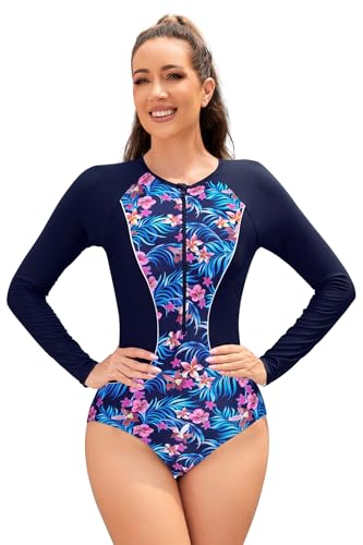 Traje de baño de una pieza con cremallera manga larga surf protección solar UV mujer S
