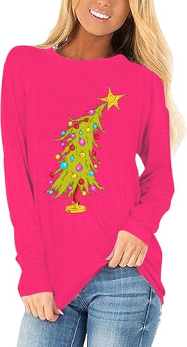 Women's Christmas Tree T-Shirt Winter Long Sleeve Christmas Xmas Holiday Family Match Tees Tops(Long-717-Rose Red,L)