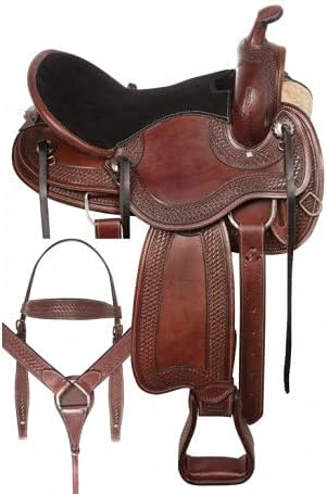 BNB International Leather Western Endurance Trail Horse Saddle Handmade Comfort with Horn Equestrian Horseback Riding Tack, Matching Headstall,Breast Collar,Reins Size:14"-18" inches Seat, M07