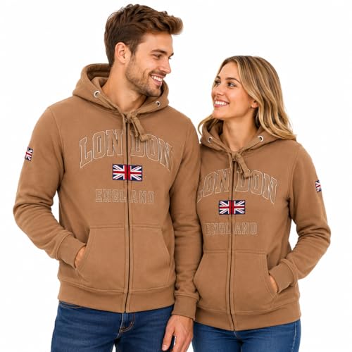 Image of GWCC London England Zipped Hoodie 3 Colours Desert Storm, Ash Grey, Grey Pink, Sizes XS to 4XL, with Union Jack Metal Pin Badge (UK, Alpha, XL, Regular, Regular, Desert Storm)