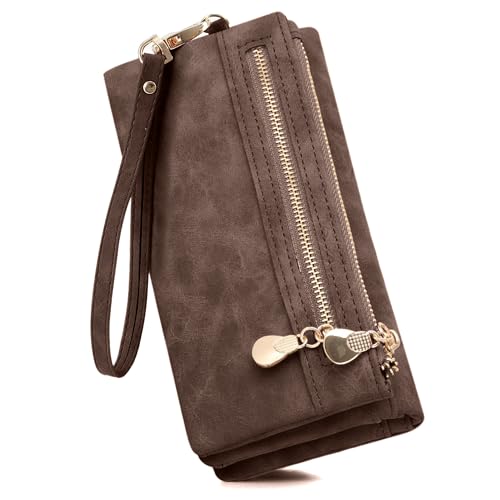 Image of Hittriu Large Capacity Brown Ladies Purse - Long Purses for Women with Zip - PU Leather Women Wallet with Photo Cards Cash Phone Slot (Brown)