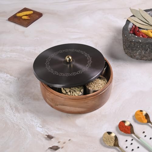 Image of Wooden Masala Box for Kitchen | 7 Stainless Steel Jars with Wooden Spoon | Stainless Steel Brass Lid with Knob | Multipurpose Spice Storage | GunMetal (Bloom Etching)