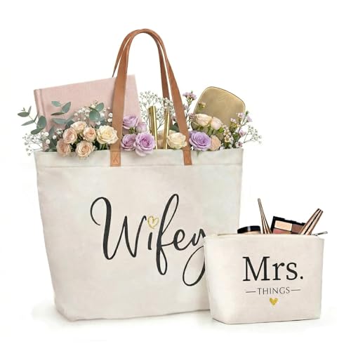 Image of ELEGANTPARK Wifey Tote Bag for Bride and Mrs. Things Pouch Set - Large Canvas Wedding Bag with Zipper - Bachelorette Party Bridal Shower Gift, Honeymoon Beach Travel Bag