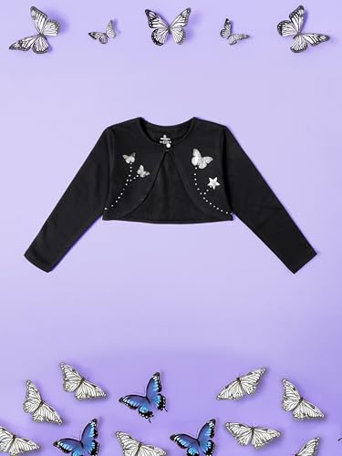 Image of KiddoPanti Girls Fleece Crop Length Shrug | Cotton Poly Fleece Fabric |Sequin Patch on Chest | Front Open Pearl Button Closure | Crop Length, Full Sleeve | Lightweigth & Breathable Girls Shrug