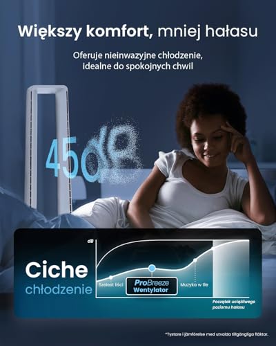 Pro Breeze 101 cm bezłopatkowy wentylator Smart Home z Wi-Fi, pilotem, podświetlanym LED, 6 prędkości, 5 trybów pracy, oscylacja 60°, timer 7h, bardzo cichy wentylator kolumnowy - biały