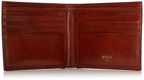 Image of Bosca Men's Leather Wallet - RFID Security Lining - 8 Card Slots - Divided Currency Well - Full Grain Italian Leather with Glossy Finish - Amber Brown