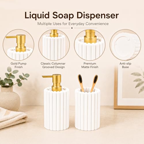 Image of MARKET 99 Bathroom Accessories Set of 2 | White Polyresin Liquid Soap Dispenser & Toothbrush Holder | Matte Bathroom Countertop Organizer | Modern Wash Basin & Vanity Accessory Set