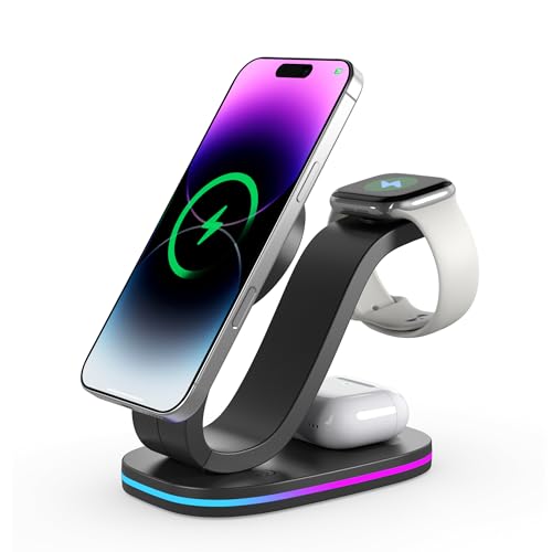 Wireless Charging Station, Qi2 15W 4-in-1 Charger Station for iPhone 17/16/15/14/13/12 Series, Watch Airpods 1-8/Ultra, iPad, AirPods (Black 4 in 1)